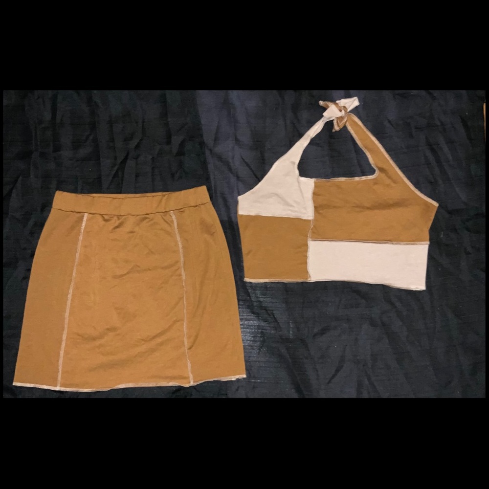 SHEIN brown and cream patchwork two-piece set, size L